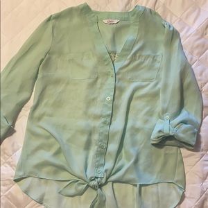 Mint green sheer lace button down blouse with tie